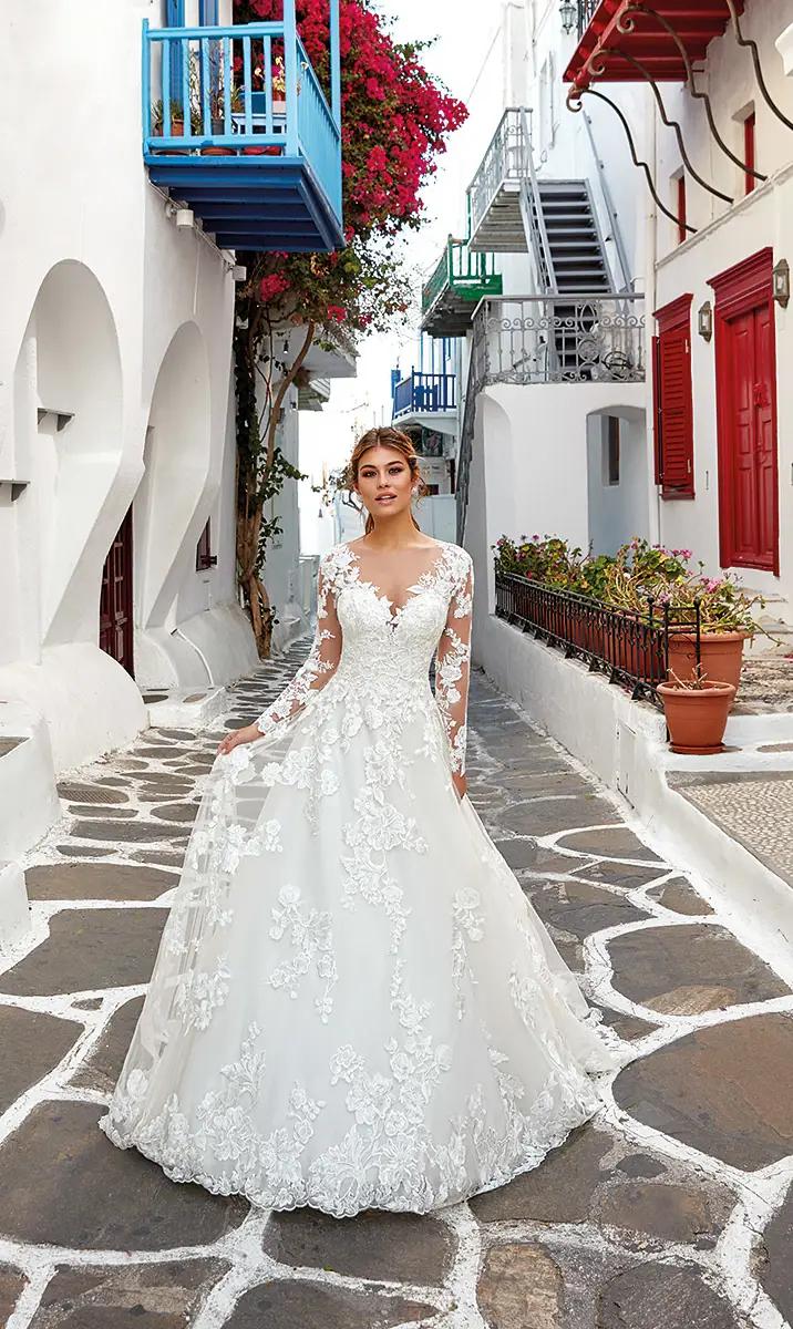Model wearing long sleeve lace wedding dress. Style DR1963